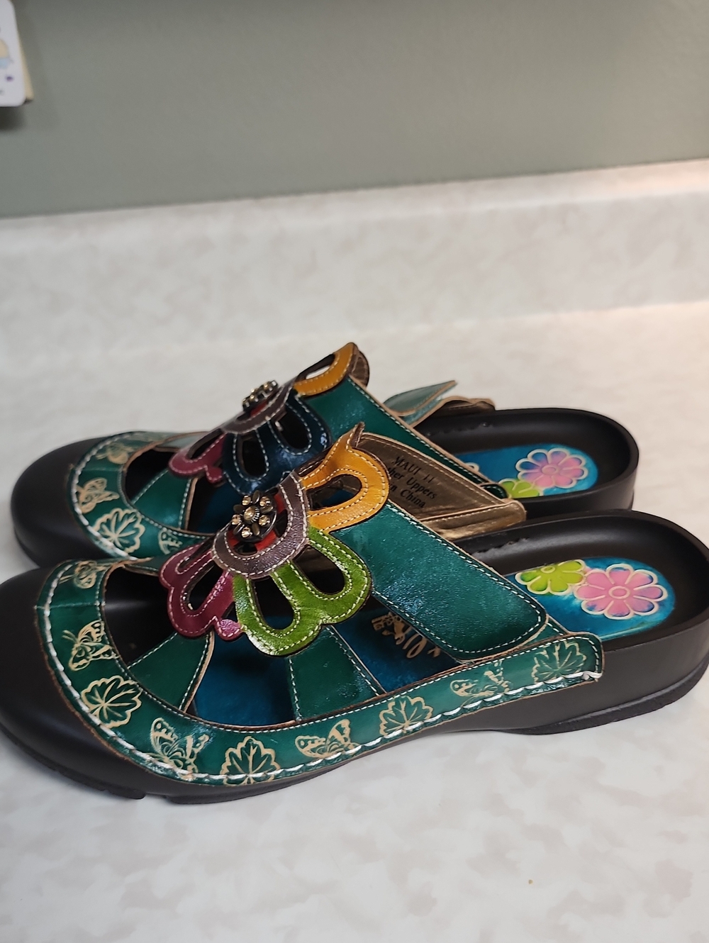 Elite Teal Floral Multi-Color Leather Slip-On Sandals womens 11 number 2051
